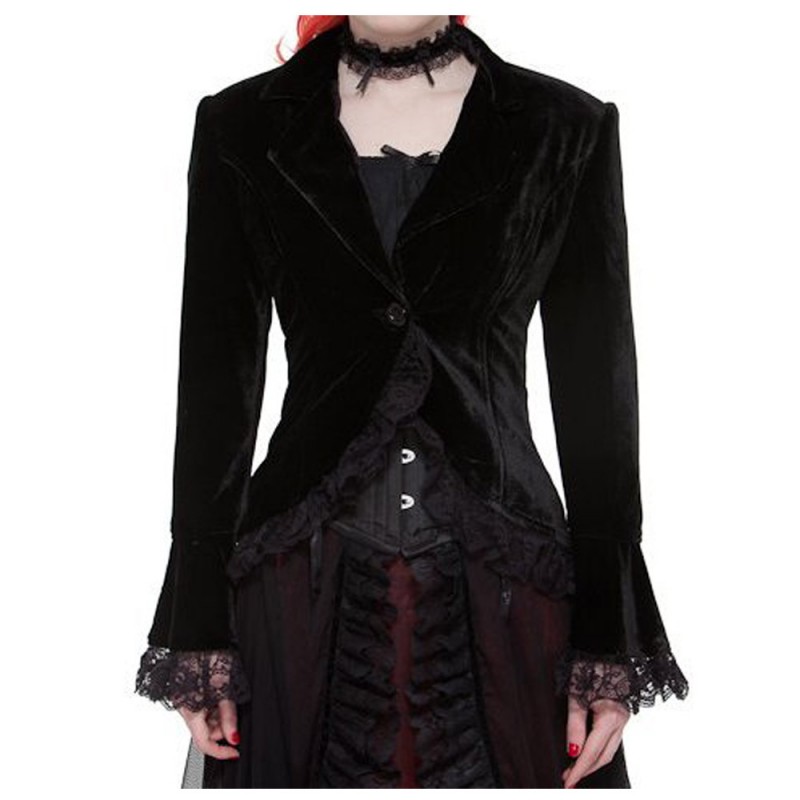 Women Gothic Corset Coat Lace Trim Velvet Jacket Fitted BLACK Retro Victorian Lolita Clothing